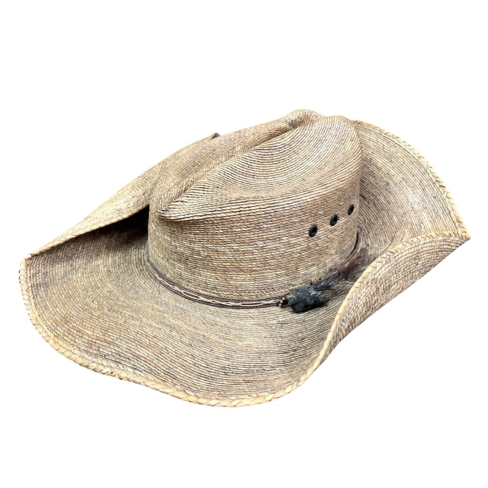 Atwood Marfa Palm Straw Cowboy Hat Natural Tan Long Oval Size 7 3/8 Distressed